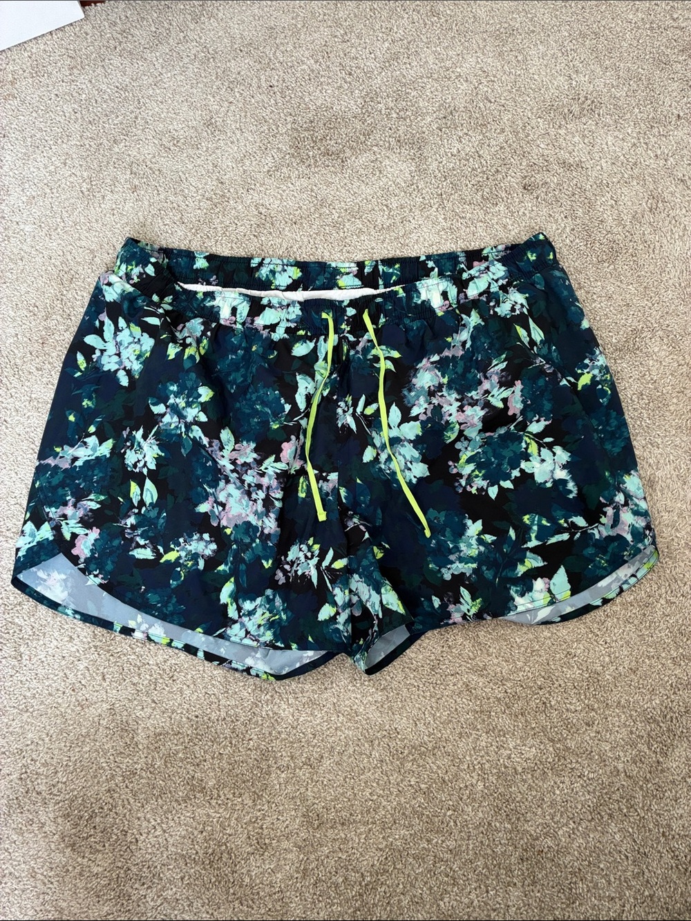 Old Navy Navy Floral Athletic Shorts with Lime Drawstring
